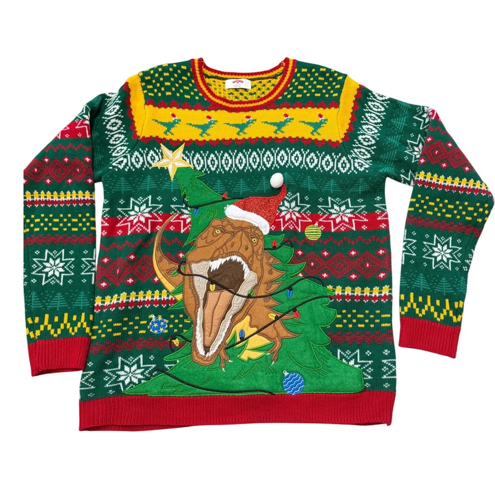 Holiday Time Mens‎ Ugly Christmas Sweater T Rex Dinosaur Tree Santa Hat Mens L
